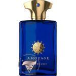 شیشه عطر آمواج اینترلود مردانه آبی رنگ با درپوش طلایی روی پس زمینه کاملا سفید