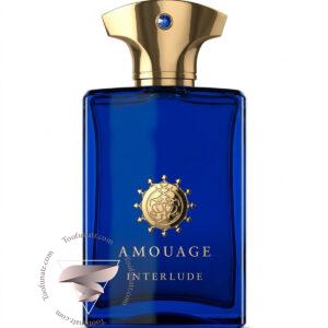 شیشه عطر آمواج اینترلود مردانه آبی رنگ با درپوش طلایی روی پس زمینه کاملا سفید