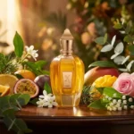 بطری عطر زرجف اکسنتو با مایع کهربایی در میان میوه‌های استوایی و گل‌ها روی میز چوبی.