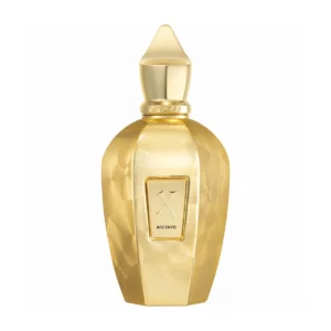 بطری عطر زنانه زرجف اکسنتو با بدنه طلایی، تراش‌خورده و درخشان، روی پس‌زمینه سفید.
