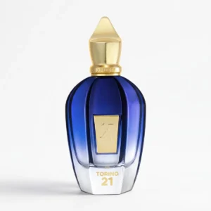 شیشه عطر آبی زرجف تورینو بیست و یک با درپوش طلایی روی پس زمینه سفید طبیعی