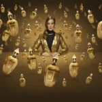 پرتره زنی با کت طلایی در میان بطری‌های عطر شناور طلایی مارک زرجف اکسنتو.
