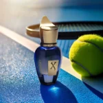عطر زرجف تورینو بیست و یک روی زمین بازی تنیس کنار توپ و راکت ورزشی