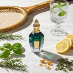 شیشه عطر زرجف تورینو بیست و یک روی مرمر کنار راکت تنیس لیوان و لیمو