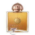 شیشه عطر آمواج اورتور با مایع طلایی و درپوش گنبدی شیاردار فلزی.