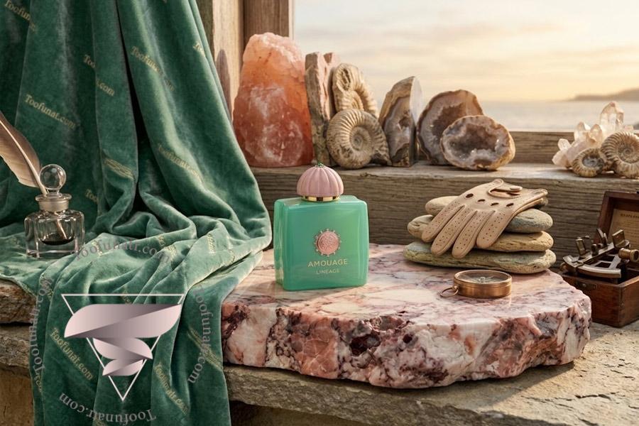 چیدمان لوکس عطر آمواژ در کنار سنگهای معدنی، فسیل آمونیت، قطبنما و پارچه مخمل سبز