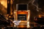 بطری ادکلن لالیک آمبر نویر Lalique Ombre Noire روی سنگ تیره با دود عود و نورپردازی کهربایی لوکس