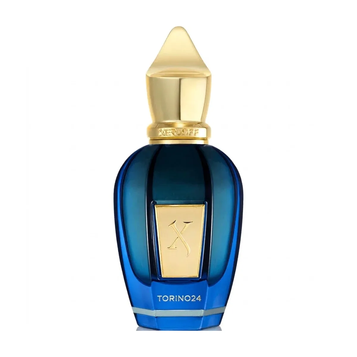 Torino24 Xerjoff for women and men شیشه عطر آبی زرجف تورینو 24 اصل با درپوش طلایی روی پس زمینه سفید