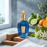 شیشه عطر آبی زرجف تورینو بیست و چهار روی چوب کنار سبد نارنگی و ترنج