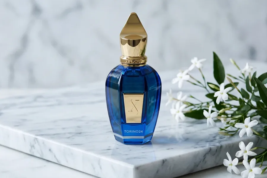 شیشه عطر آبی زرجف تورینو بیست و چهار روی سنگ مرمر کنار گل های سفید یاس