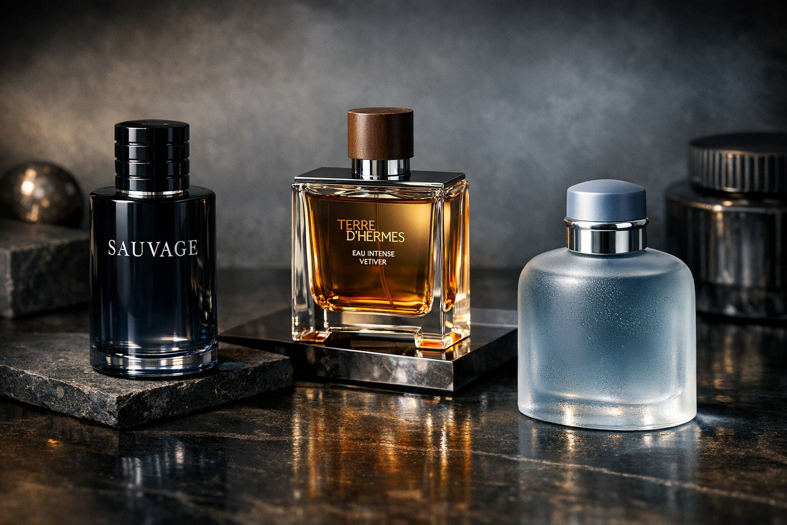 تصویر عطرهای فلنکر مردانه محبوب شامل Dior Sauvage و Terre d Hermes Eau Intense Vetiver