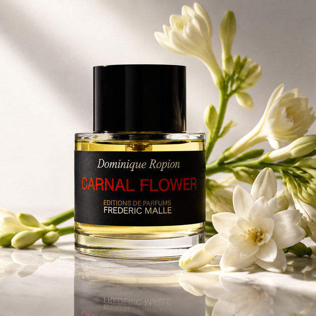 بطری عطر فردریک مال کارنال فلاور در میان شکوفه های تازه گل مریم و برگ های سبز در چیدمانی روشن