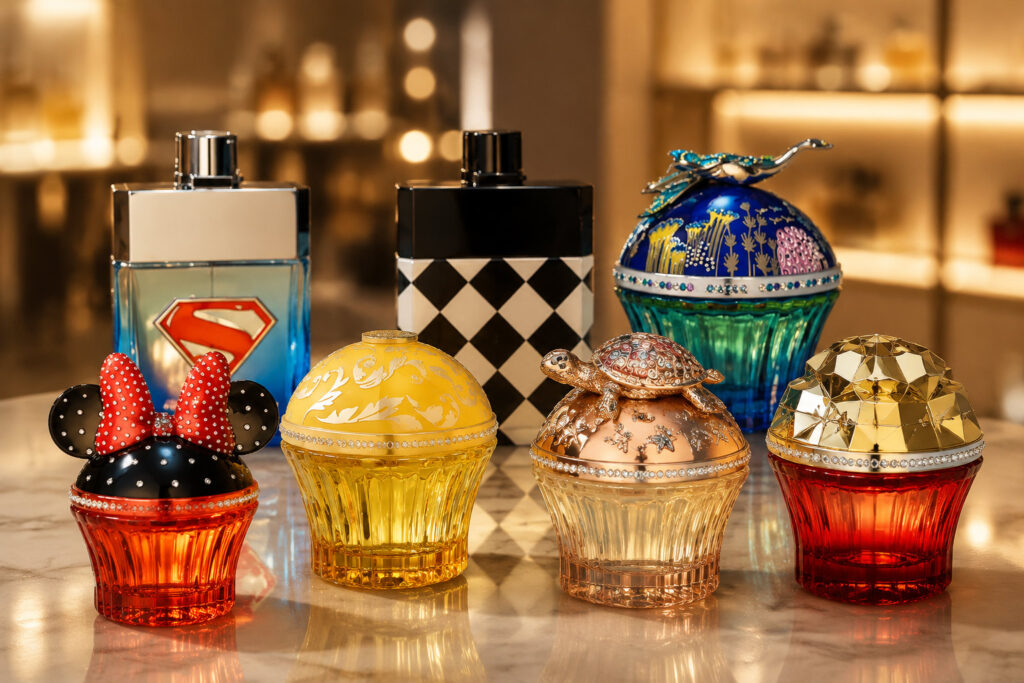 مجموعه‌ای از عطرهای لوکس و کلکسیونی برند هاوس آف سیلیج با طراحی‌های کریستالی و فلزی خاص در ویترین فروشگاه عطرهای نیش