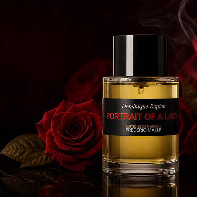 بطری عطر فردریک مال پورتریت آف لیدی در کنار گل های رز قرمز تیره و تکه های بخور در چیدمانی لوکس