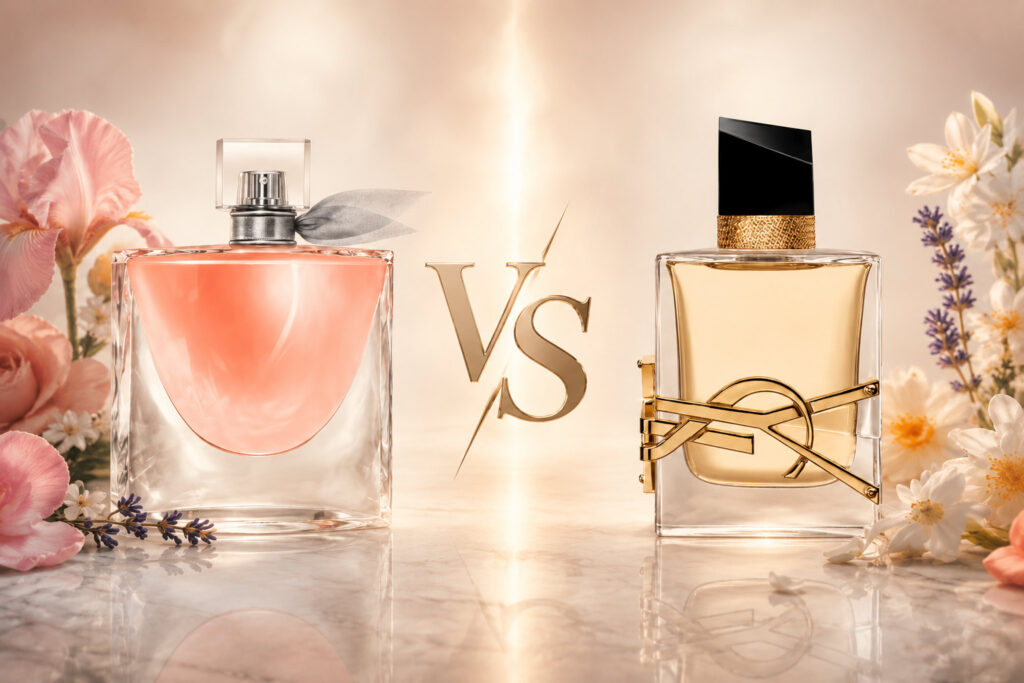 مقایسه عطر زنانه لانکوم لاویه بل و ایو سن لوران لیبر با طراحی لوکس و نشان VS در مرکز تصویر