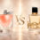 مقایسه عطر زنانه لانکوم لاویه بل و ایو سن لوران لیبر با طراحی لوکس و نشان VS در مرکز تصویر