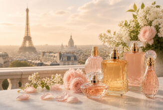 مجموعه عطرهای لوکس لانکوم در مقابل نمای برج ایفل پاریس با تم گل‌های رز و شکوفه