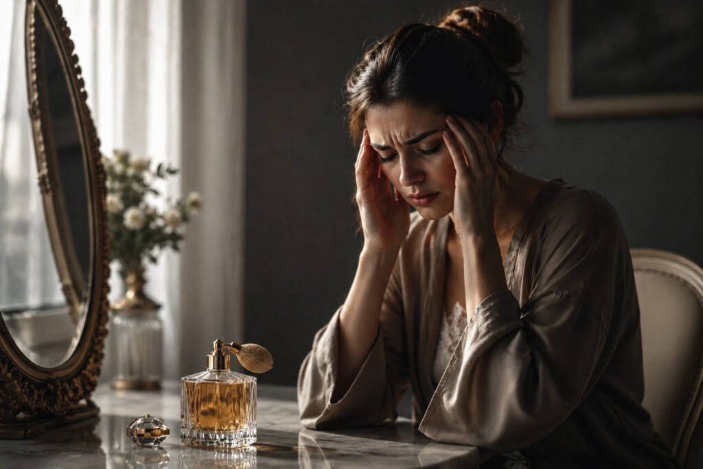 تصویر از فردی که به دلیل استشمام عطر قوی دچار سردرد شده است؛ بررسی حساسیت بویایی و انتخاب عطر مناسب در طوفان عطر