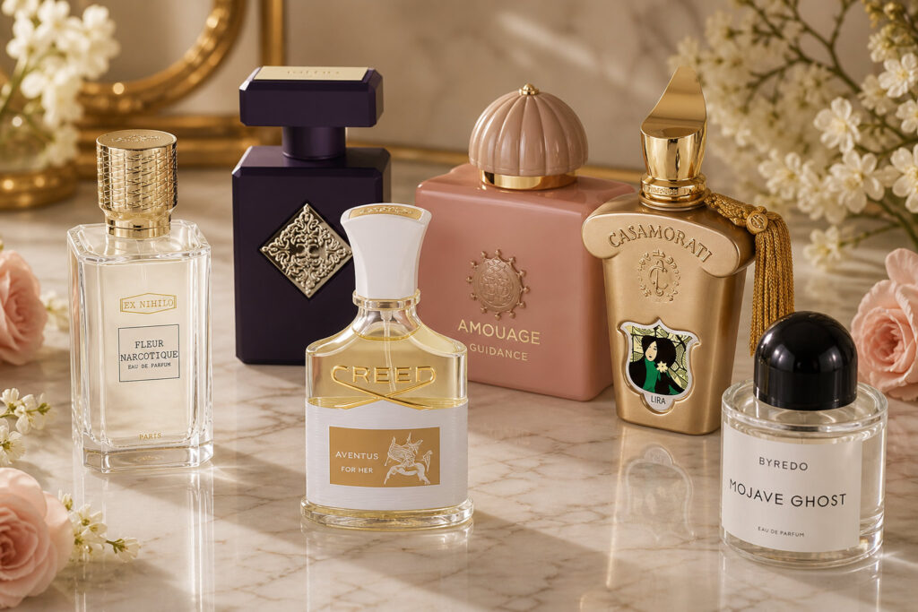 چیدمان ادیتوریال و حرفه‌ای برترین عطرهای جهان از برندهای نیش Ex Nihilo، Initio، Creed، Amouage، Xerjoff و Byredo در فضایی مجلل و کلاسیک