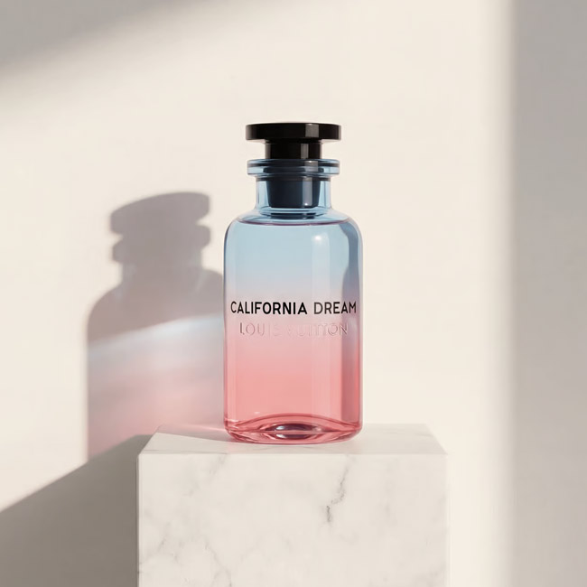 ادکلن کالیفرنیا دریم لویی ویتون Louis Vuitton California Dream روی پایه سنگی مرمر سفید در نور خورشید
