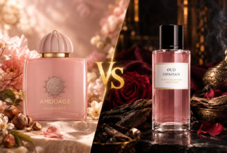 مقایسه تصویری و تبلیغاتی عطر زنانه و نیش آمواژ گایدنس در کنار دیور عود اسپهان با علامت VS در یک چیدمان لوکس و پاییزی