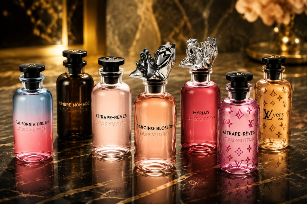 تصویر شاخص مقاله مجموعه عطرهای لوکس لویی ویتون Louis Vuitton چیده شده روی سنگ مرمر مشکی با نورپردازی گرم و حرفه ای