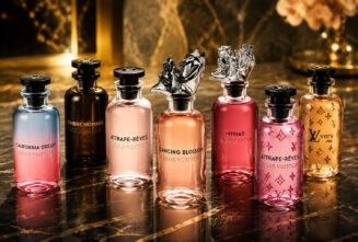 تصویر شاخص مقاله مجموعه عطرهای لوکس لویی ویتون Louis Vuitton چیده شده روی سنگ مرمر مشکی با نورپردازی گرم و حرفه ای