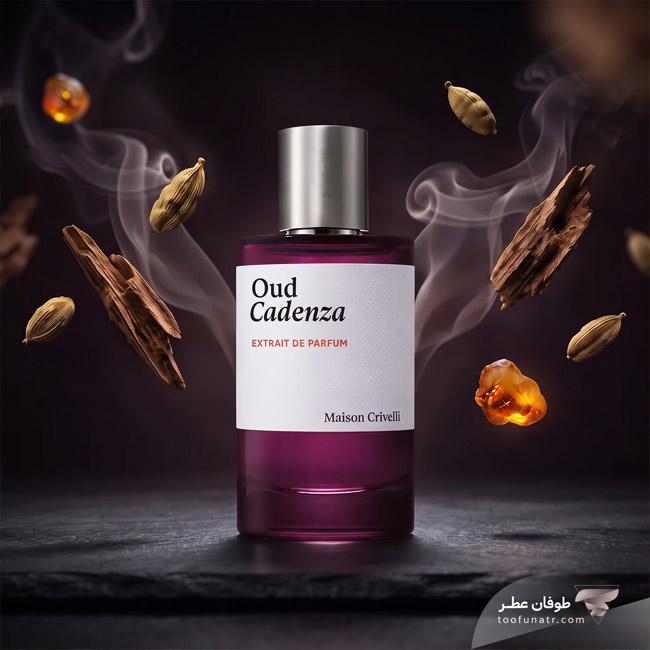 تصویر عطر میسون کریولی مدل Oud Cadenza روی سنگ با چوب عود، هل و کهربا معلق در دود.