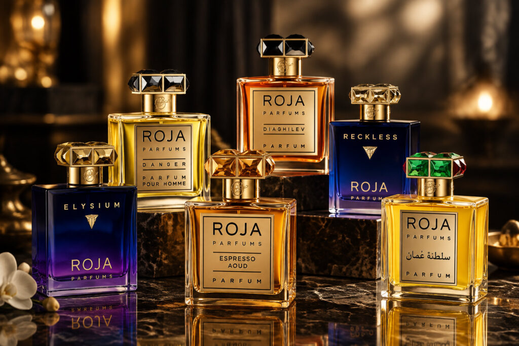 عطرهای لوکس روژا پارفومز با درپوش‌های کریستالی و جزئیات طلایی در فروشگاه طوفان عطر.