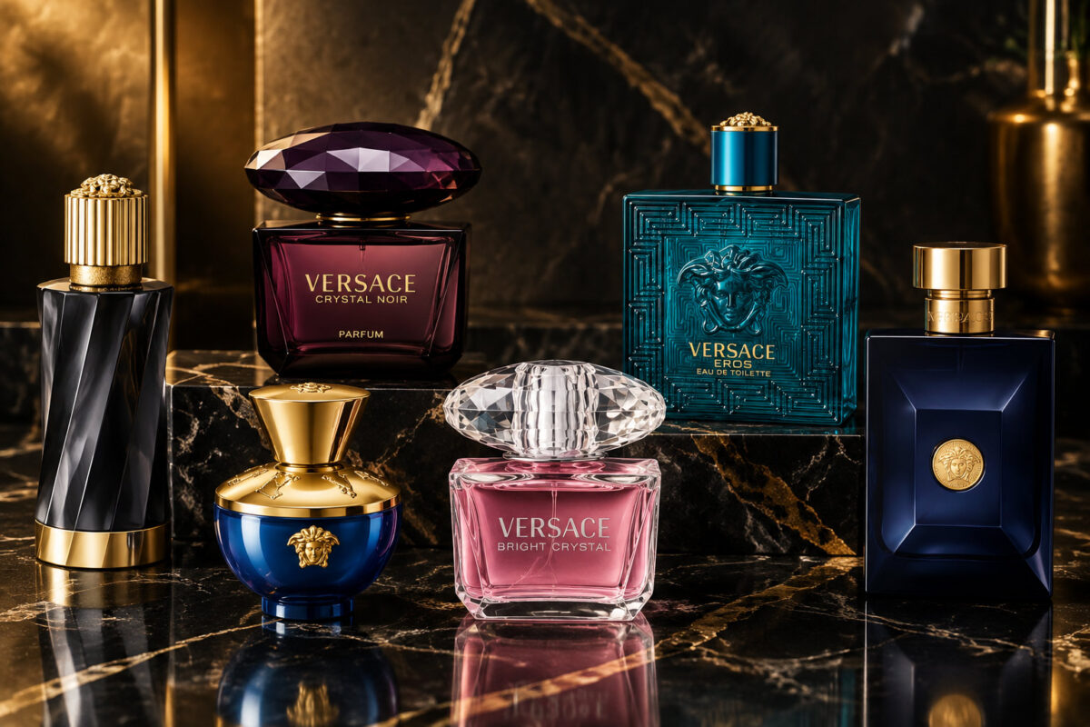 کلکسیون عطرهای لوکس زنانه و مردانه ورساچه روی سنگ مرمر مشکی با نماد مدوسا.