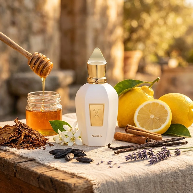 یک بطری عطر ناکسوس با درپوش طلایی، احاطه شده توسط لیمو، عسل در حال چکیدن، و اسطوخودوس.