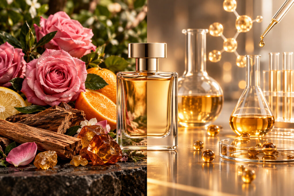 مقایسه ترکیبات عطرهای طبیعی و سنتتیک شامل گل رز مرکبات چوب و ساختار مولکولی آزمایشگاهی در عطرسازی لوکس