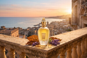 بطری عطر ناکسوس بین اسطوخودوس و تنباکو روی بالکن سنگی در غروب مدیترانه.
