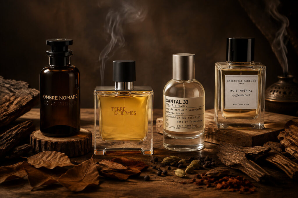 مجموعه عطرهای چوبی شامل امبر نومد، تق هرمس، سانتال ۳۳ و بویس امپریال در طوفان عطر