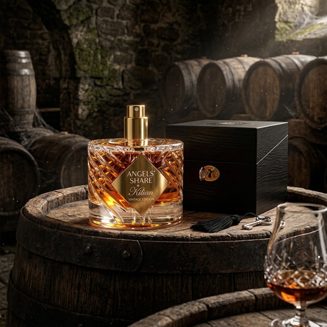 شیشه عطر لوکس روی بشکه چوبی بلوط در انبار تاریک کنیاک کنار جعبه و کلید