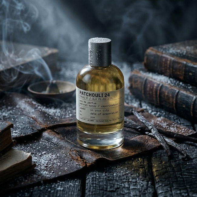 شیشه عطر له لابو پچولی روی کتاب قدیمی کنار چرم و چوب سوخته در دود