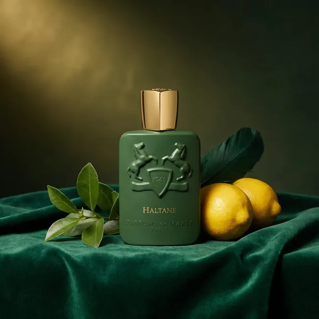 عطر پارفومز د مارلی هالتان سبز روی پارچه مخمل در کنار دو لیمو ترش و برگهای سبز