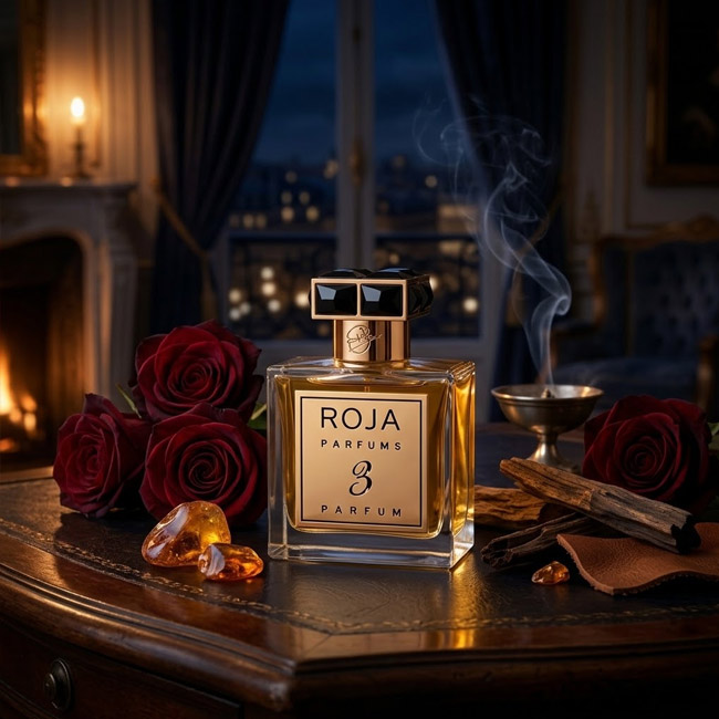 شیشه عطر روژا د لا نویت شماره سه روی میز چرمی در کنار رزهای سرخ تیره و بخور در شب تاریک