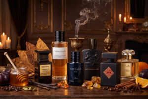 شیشه‌های عطر شرقی و ادویه‌ای دیور تام فورد روژا مارلی و اینیشیو روی میز چوبی تیره کنار ادویه‌ها و دود عودسوز قدیمی