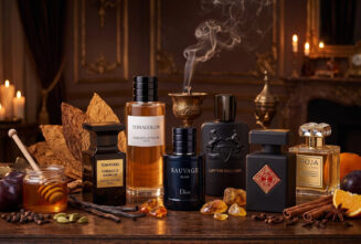شیشه‌های عطر شرقی و ادویه‌ای دیور تام فورد روژا مارلی و اینیشیو روی میز چوبی تیره کنار ادویه‌ها و دود عودسوز قدیمی